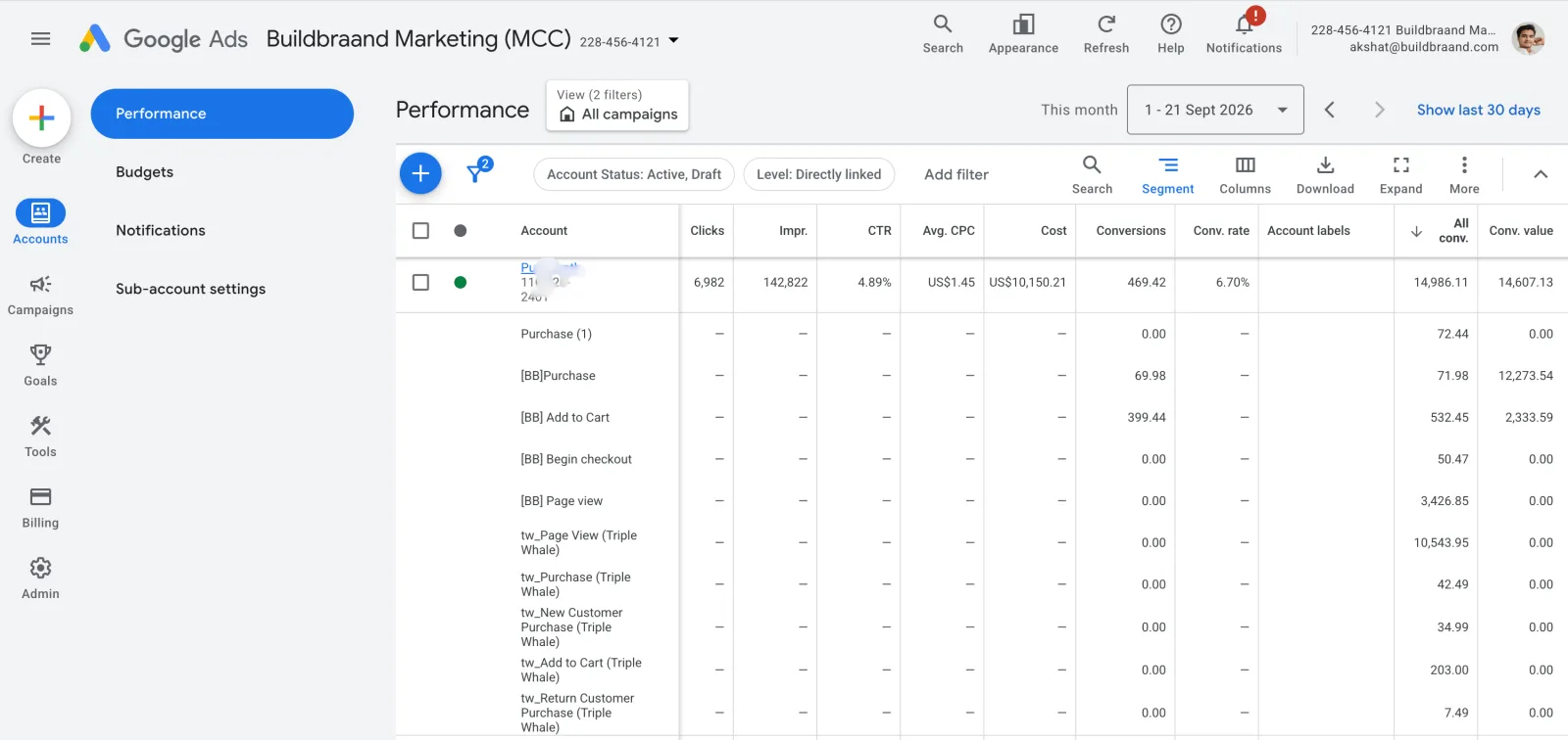 Google Ads showing $14,607 conversion value on $10,150 spend and 4.89% click through rate